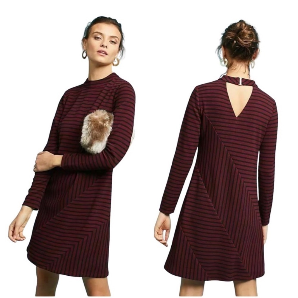 Hutch Anthropologie Knitwork striped long sleeve dress burgundy black; size XXS